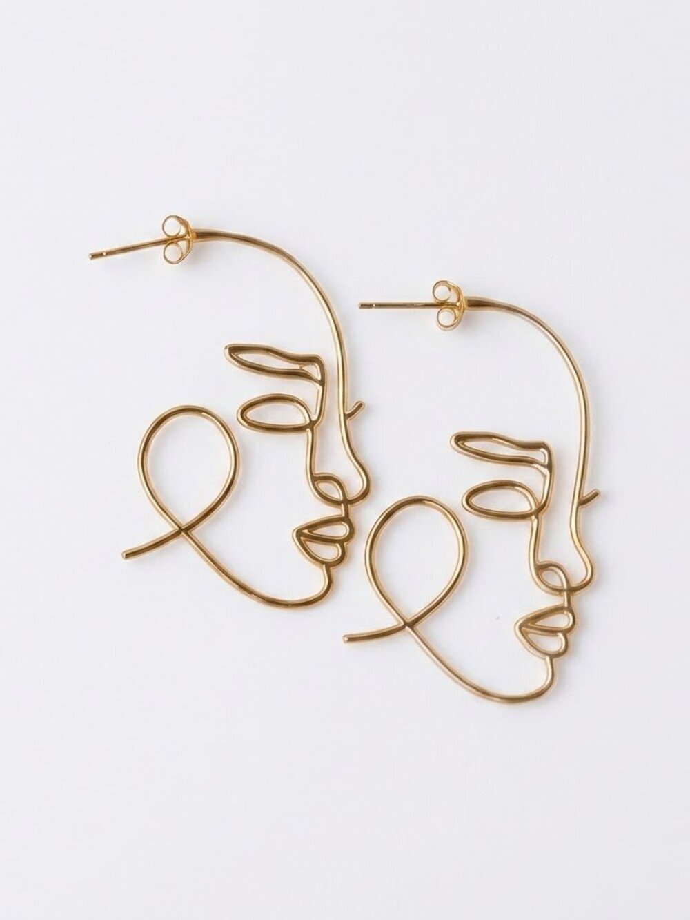 🆕 Abstract Face Wire Art Hoop Earrings Gold Tone Minimalist Chic Earrings NWOT